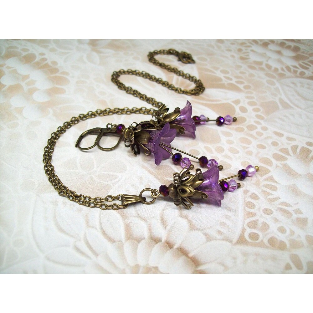 Art Nouveau Floral Jewelry Set, Lavender Purple, Antique Bronze, Artisan Crafted